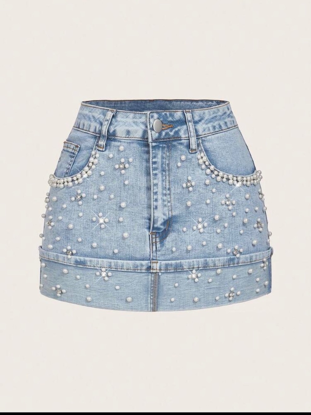 Pearl-Embellished Light Blue Denim Mini Skirt